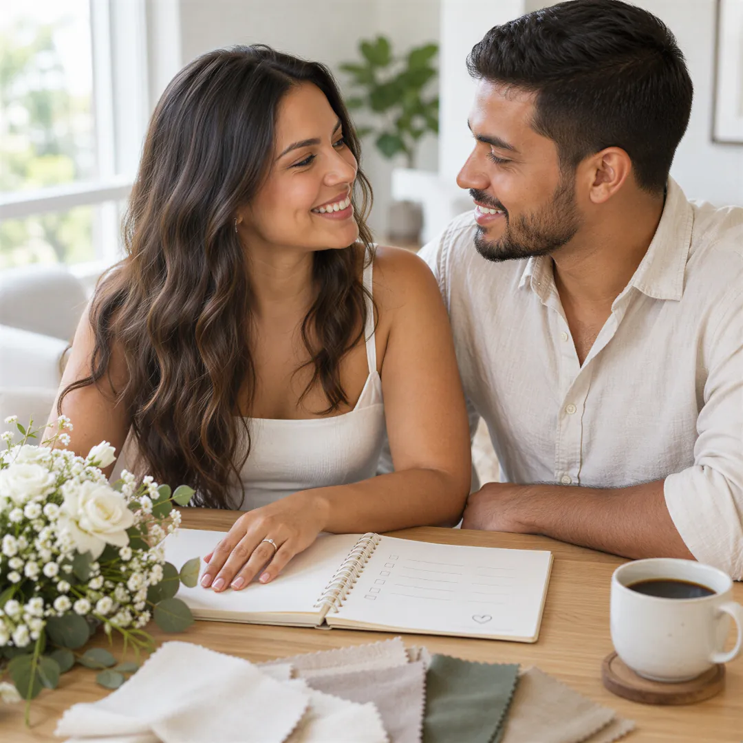 Consórcio para casamento: casal de noivos planejando a festa juntos