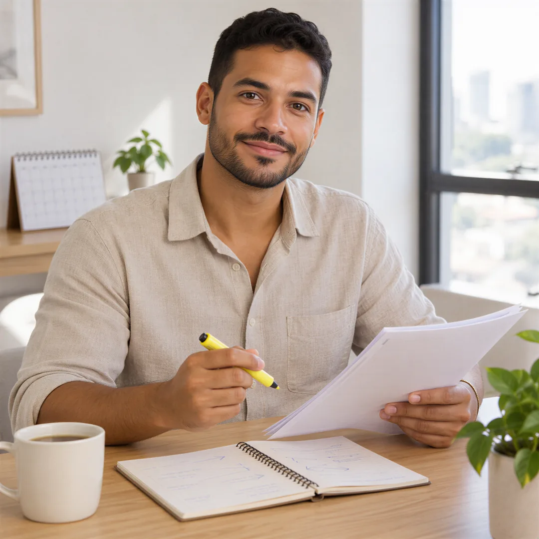 Lance no consórcio: homem jovem sorrindo com o contrato e o marca-texto na mão